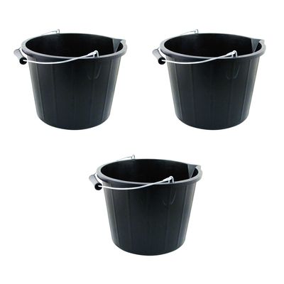 14L Litre Strong Plastic Builders Bucket 3 Gallon Multipurpose Storage Bucket Construction Bucket with Metal Handle & Spout for Cleaning Animal Feed Mixing Home & Garden (Made in UK) (3, Black)