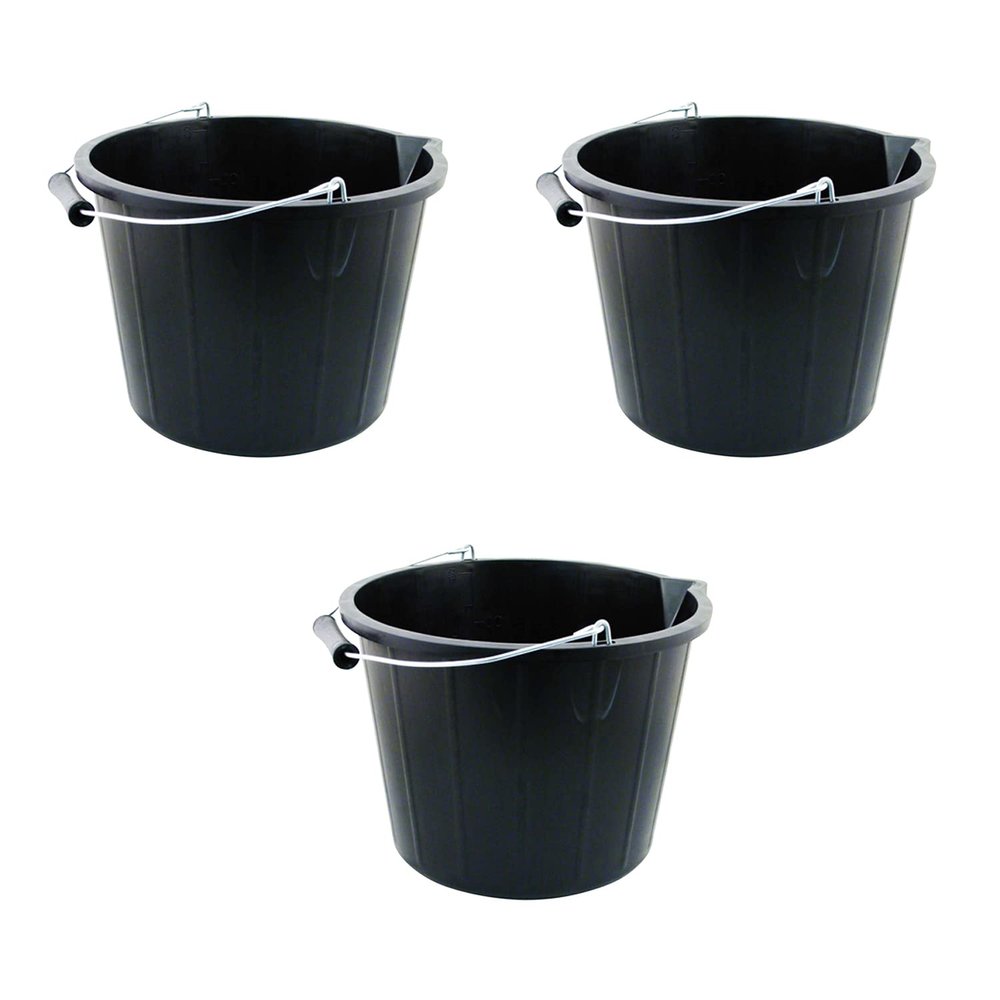 14L Litre Strong Plastic Builders Bucket 3 Gallon Multipurpose Storage Bucket Construction Bucket with Metal Handle & Spout for Cleaning Animal Feed Mixing Home & Garden (Made in UK) (3, Black)
