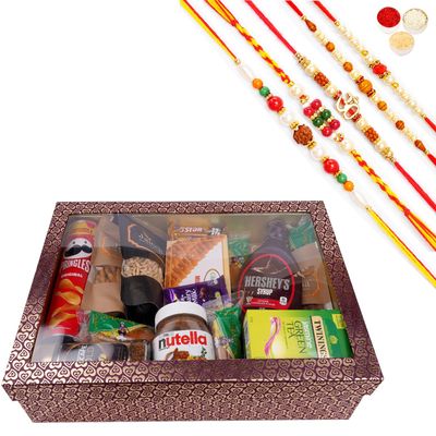 Jaiccha Ghasitaram Rakhi Gifts for Brothers Big Hamper Box of 20 Goodies with Milk Cake with 5 Rakhis