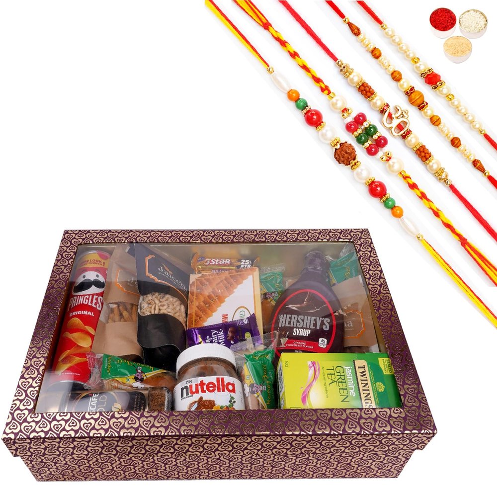 Jaiccha Ghasitaram Rakhi Gifts for Brothers Big Hamper Box of 20 Goodies with Milk Cake with 5 Rakhis