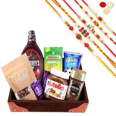 Jaiccha Ghasitaram Rakhi Gifts for Brothers Korno Tray of 8 Goodies with 5 Rakhis