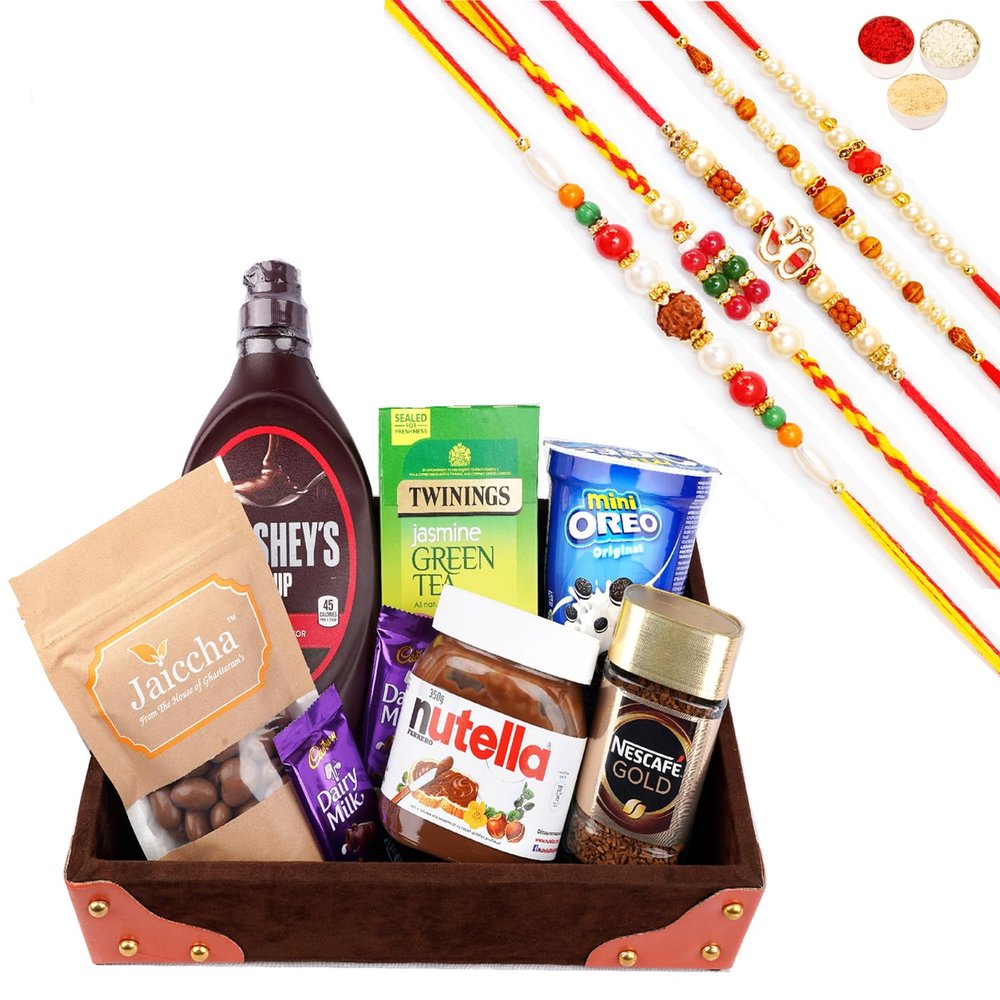 Jaiccha Ghasitaram Rakhi Gifts for Brothers Korno Tray of 8 Goodies with 5 Rakhis