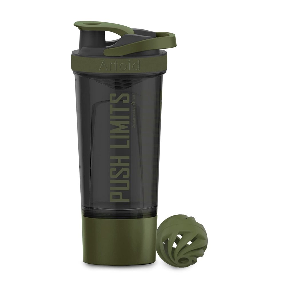Artoid Mode 720ml Sports Fitness Workout Protein Shaker Bottle with Twist and Lock Protein Box Storage, Dual Mixing Technology with Shaker Balls & Mixing Grids - BPA Free