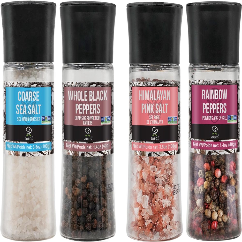 Soeos Black Peppercorns + White Sea Salt + Rainbow Peppercorns + Pink Salt, 9.8oz(277.82g) Spice Total, Plastic Bottle Grinder with Spice Included, Salt and Pepper Set, Grinder Set, Spice Set.