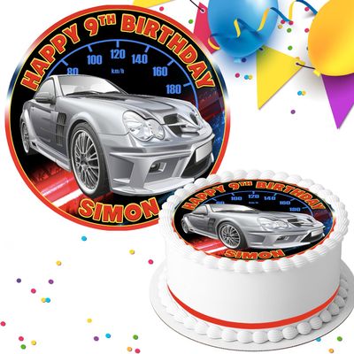 SPORTS CAR SILVER HAPPY BIRTHDAY PERSONALISED 7.5 INCH EDIBLE ICING CAKE TOPPER DECORATION R-070