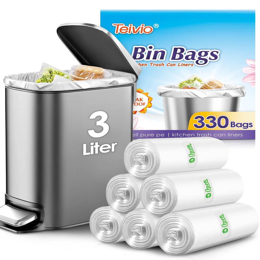 330 Counts 3 Liter Strong Trash Bags Garbage Bags by Teivio, Bathroom Trash Can Bin Liners, Small Plastic Bags for home office kitchen (Clear, 1 Gallon)