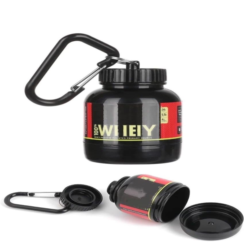 Omana Protein Powder Storage Container to go, Portable Supplement Container with Funnel & Keychain for Travel Gym Workout Fitness, BPA Free (Black, 100 ml)