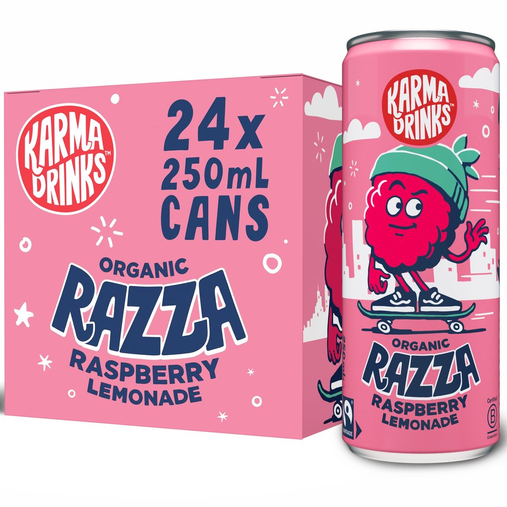 Karma Drinks Razza Raspberry Pink Lemonade - 24 x 250ml Cans - Natural Fizzy Soft Drinks, Fairtrade, Organic & Vegan