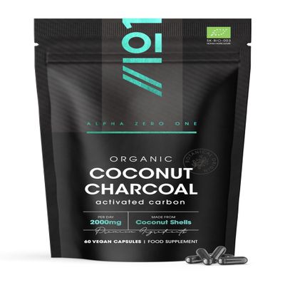 Organic Activated Coconut Charcoal 2000mg - 60 Capsules - from Thai Coconut Shells - Bloating & Gas, Digestion & Flatulence Natural Relief  Resealable and Recyclable Pouch by Alpha01