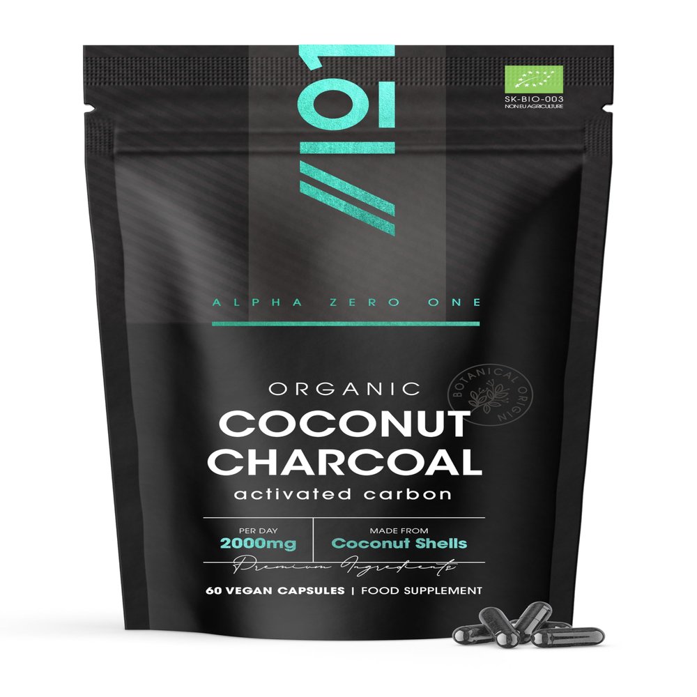 Organic Activated Coconut Charcoal 2000mg - 60 Capsules - from Thai Coconut Shells - Bloating & Gas, Digestion & Flatulence Natural Relief  Resealable and Recyclable Pouch by Alpha01