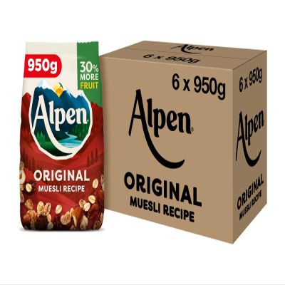 Alpen Original Muesli, Breakfast, High in Fibre, Vegetarian, Low Sugar, (Pack of 6) 950g