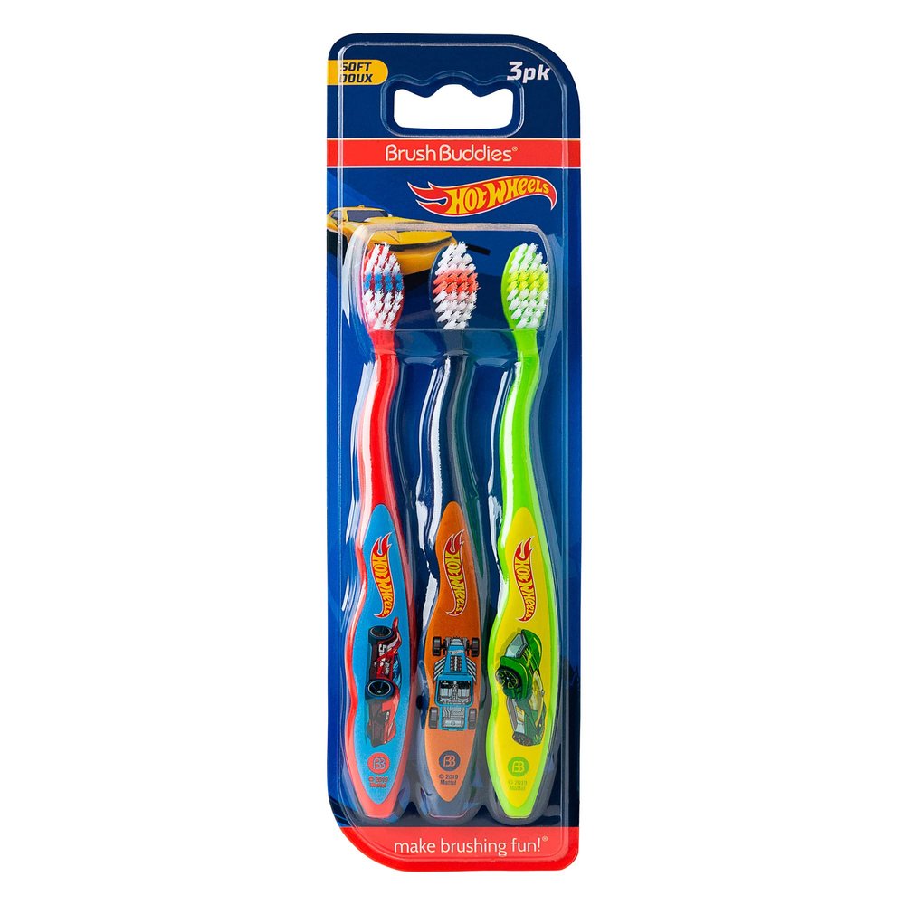 Brush Buddies Hot Wheels Manual Toothbrushes for Kids  3 Pack | Soft Bristled Children's Toothbrushes with Fun Multi-Colored Designs, Anti-Slip Grip Handles, Perfect for Toddlers, Home Use, or Travel