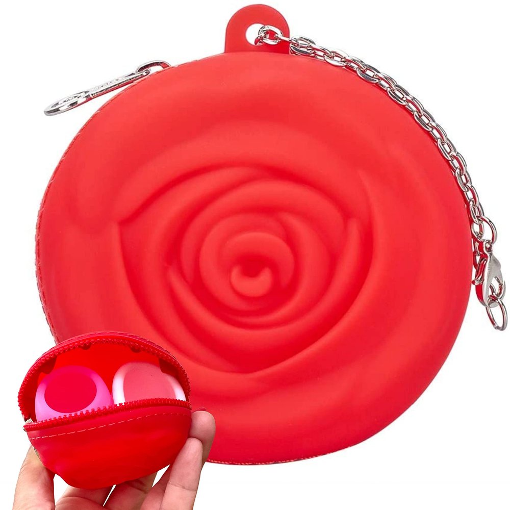 Adorable Pink Peri - Menstrual Period Cup Case Storage Bag | Rose Design + Silicon Material | Easy to carry, clean, and use | Metal Chain attached | Multi-use for any small items - Red