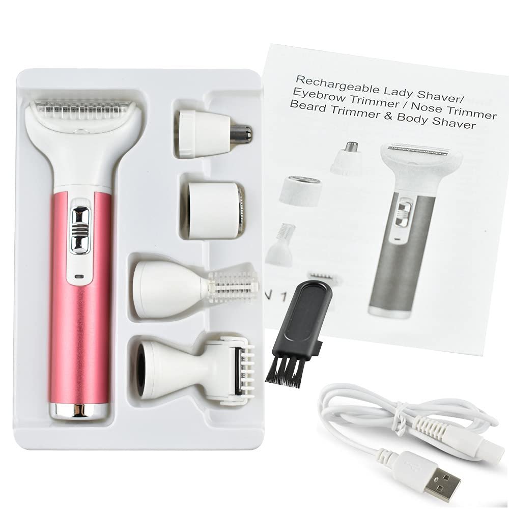1Pcs 5 in 1 Electric Lady Shaver, ABS Portable Lady Facial Hair Removal Shaver Painless Eyebrow Trimmer Lady Shaver Rechargeable USB Shaving for Bikini Nose Leg Face Body