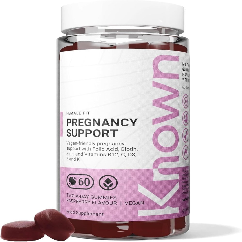 Known Pregnancy Support Gummies with 400mcg Folic Acid  Raspberry Flavour  Vegan Prenatal Multivitamin Gummy Supplement  with Vitamin D3, K, C, E, B12, Biotin & Zinc  1 Month Supply