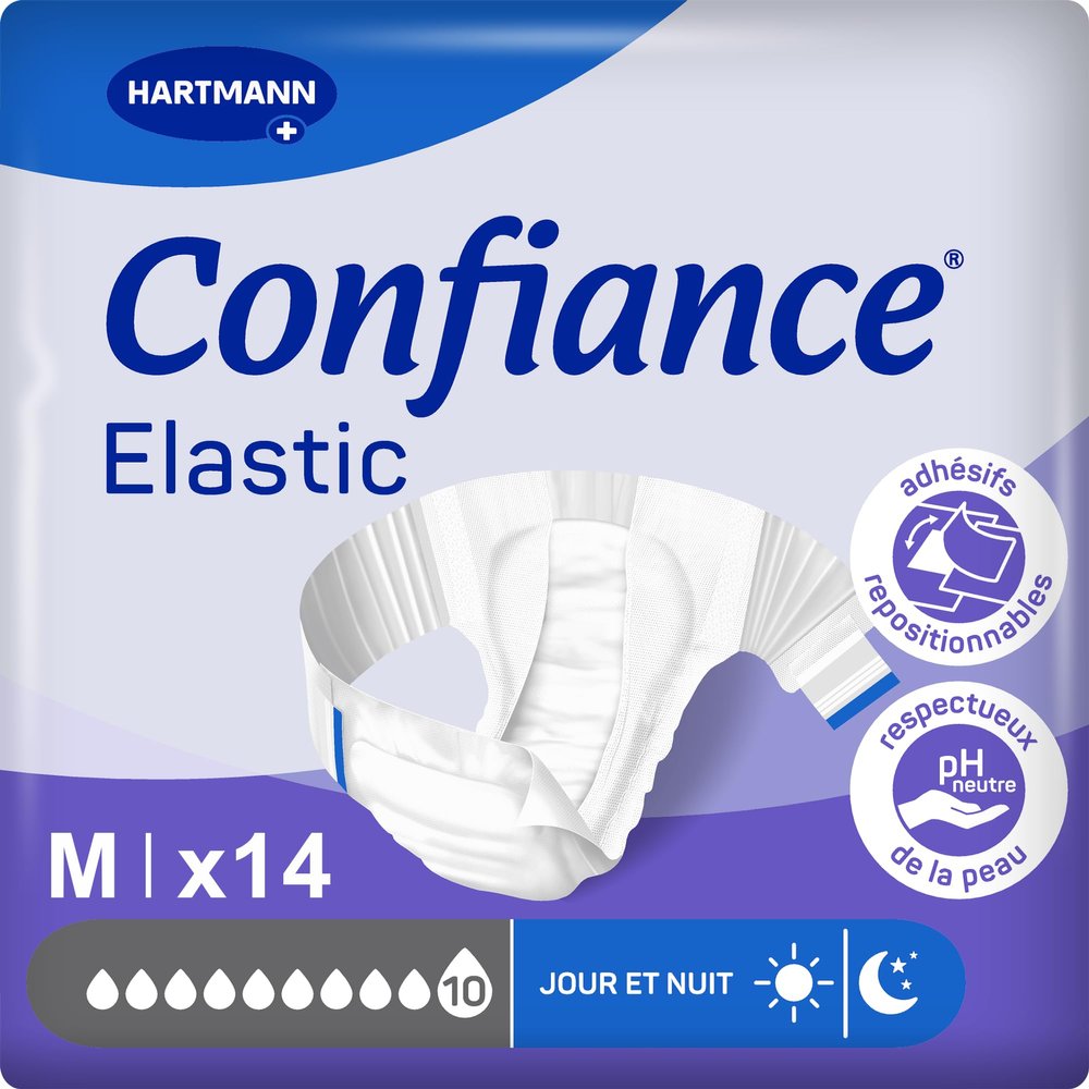 Confiance Elastic  Complete Changes for Men and Women  Absorption Level = 10 Drops (Large Urinary Leaks)  pH Neutral on The Skin  Soft Material  Size M  14 Units