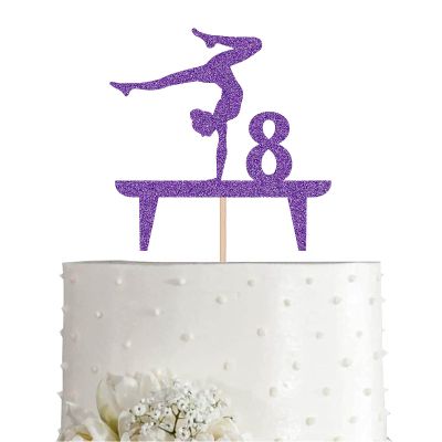 Purple Gymnastic 8 Cake Topper, Girl Rose Gold Glitter Gymnast 8th Birthday Party Decoration