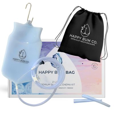 Happy Bum Bag Enema Kit | 6.5ft Silicone Hose, 2L Non-Toxic Silicone Enema Bag with 3 Replacement Tips | Reusable Coffee Enema Kit Suitable for Water & Coffee Enemas for Colon Cleanse for Women & Men
