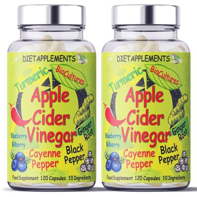 2 Bottles (240 Capsules) Raw, Unfiltered Apple Cider Vinegar with The Mother | Turmeric, Ginger, Black Pepper, Cayenne Pepper, Blueberries, Bilberries | High Strength Bio Cultures | Vegan Capsules