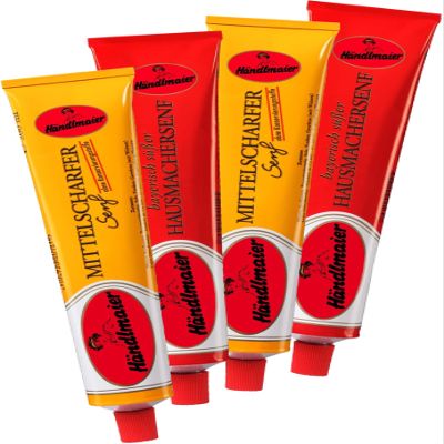 4x200 ml Bavarian Sweet Home-made Mustard and German Medium Hot Mustard, Haendlmaier / Germany