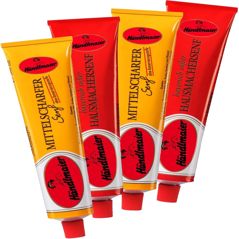 4x200 ml Bavarian Sweet Home-made Mustard and German Medium Hot Mustard, Haendlmaier / Germany