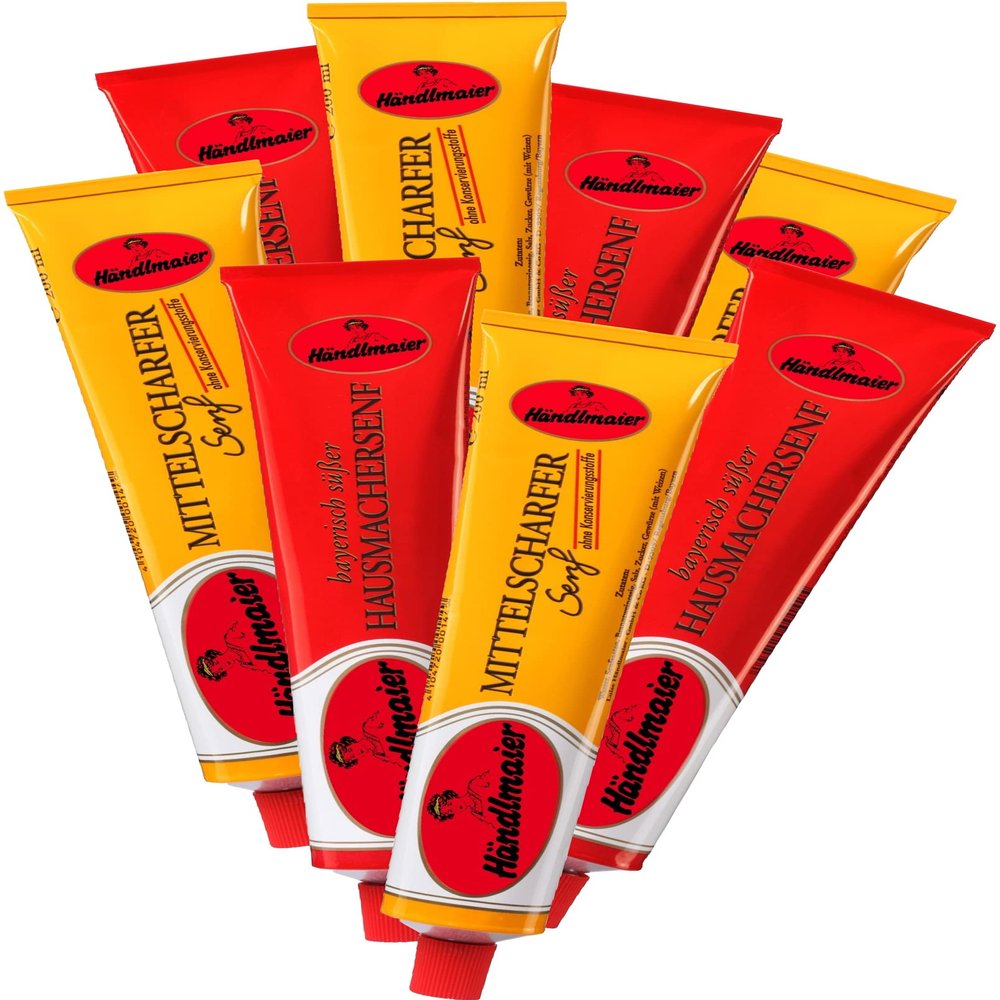 8x200 ml Bavarian Sweet Home-made Mustard and German Medium Hot Mustard, Haendlmaier / Germany