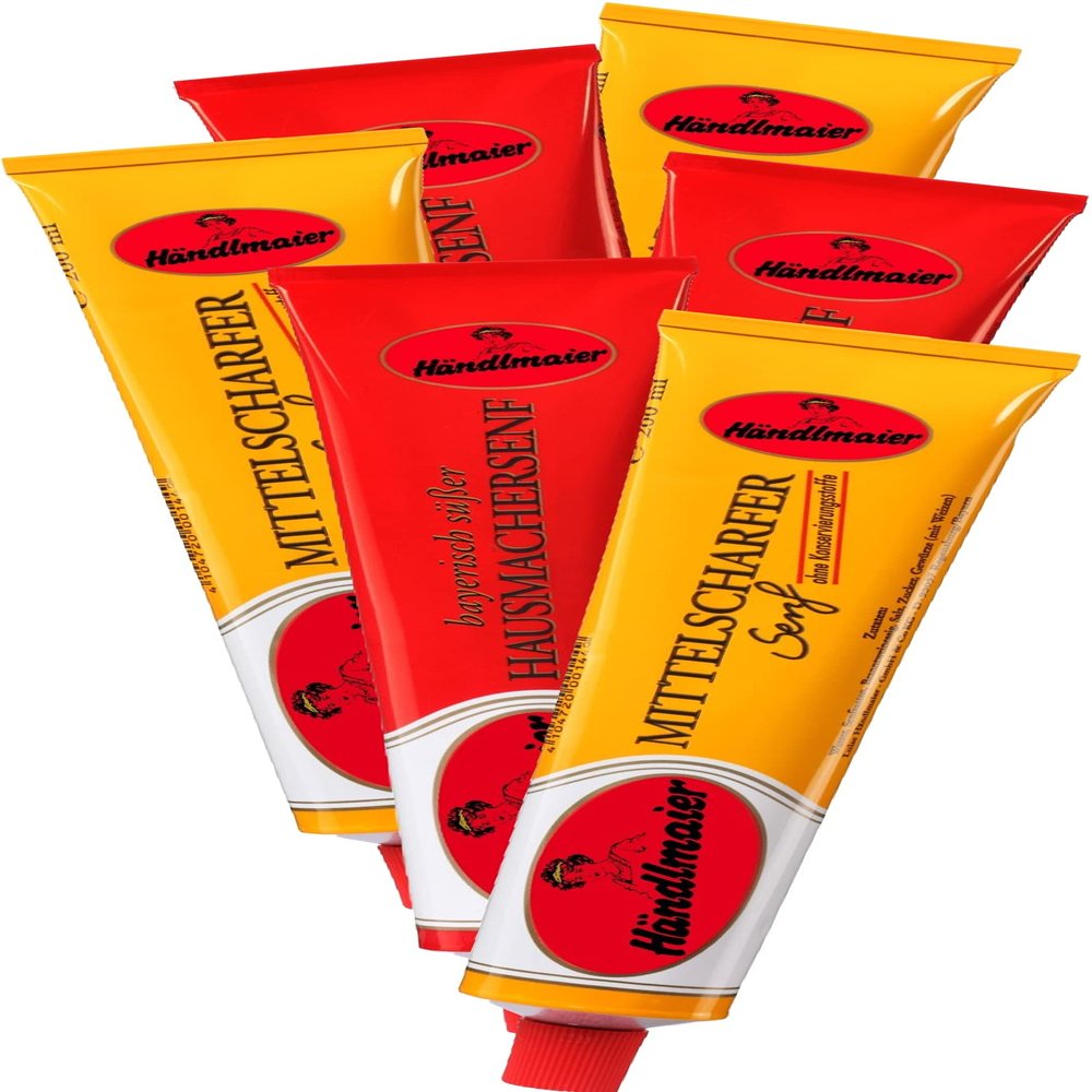 6x200 ml Bavarian Sweet Home-made Mustard and German Medium Hot Mustard, Haendlmaier / Germany