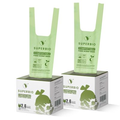 SUPERBIO 2.6 Gallon Compostable Handle Tie Bags, 100 Count, 2 Pack, Compost Trash Bags, Garbage Bags Certified by BPI and OK Compost Home, 9.84L