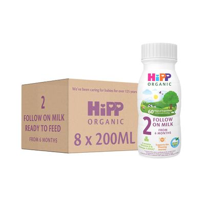 HiPP Organic 2 Follow on Baby Milk Ready to feed liquid formula, From 6 months 200ml (Pack of 8)