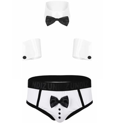 Kaerm Men's Adults Fancy Dress Sexy 3 Piece Waiter Lingerie Set Tuxedo Role Play Uniform Set White M