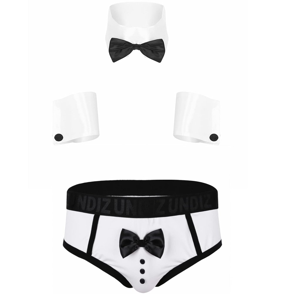 Kaerm Men's Adults Fancy Dress Sexy 3 Piece Waiter Lingerie Set Tuxedo Role Play Uniform Set White M