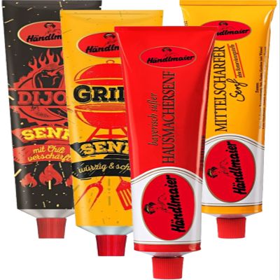 4 x 200 g German Mustard Variety - Hot Dijon - Grill - Bavarian Sweet home-made Mustard - German Medium Hot Mustard, Haendlmaier/Germany