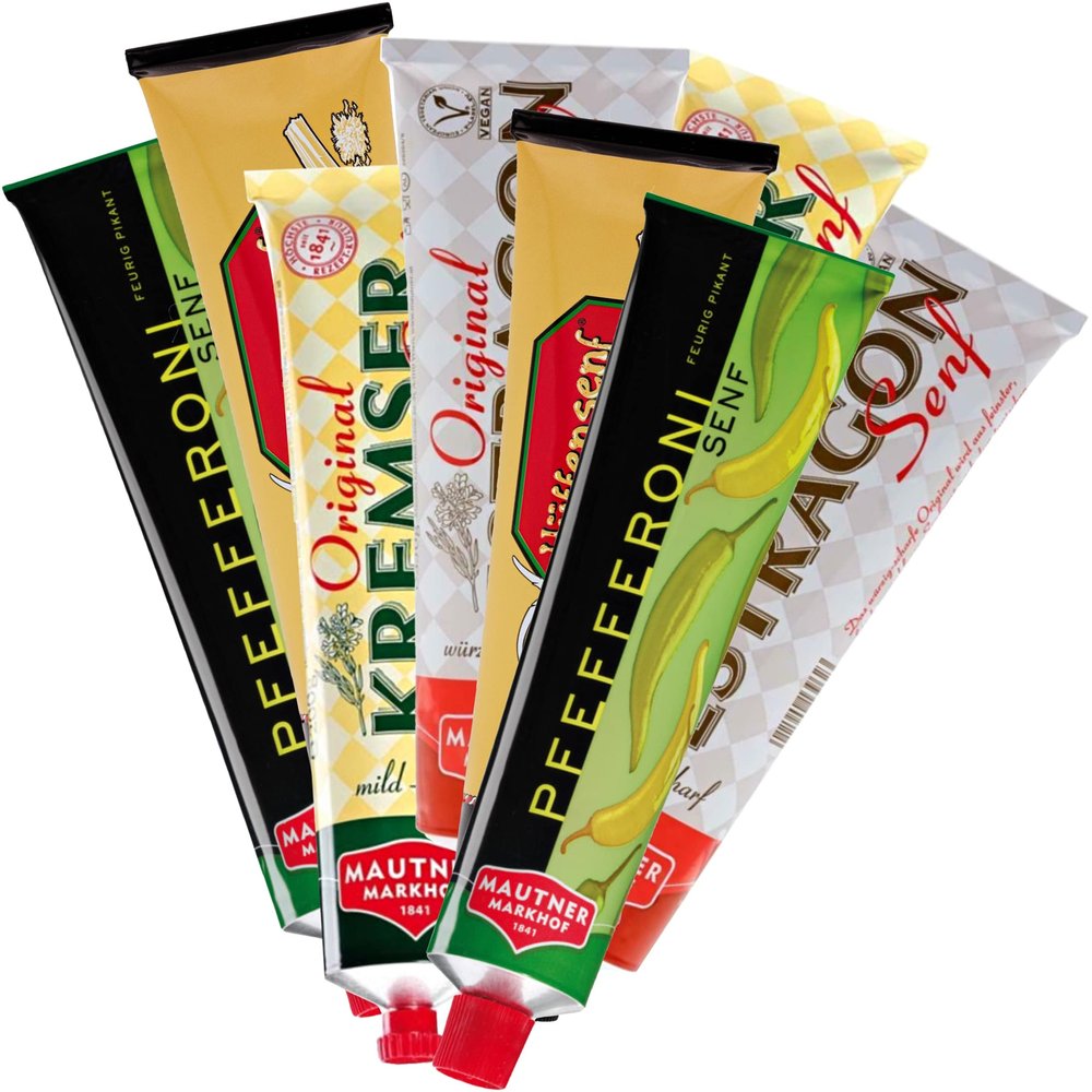 8x200g Mautner Mustard Variety - Kremser - Tarragon - Markhof Hut - Pepperoni / Austria