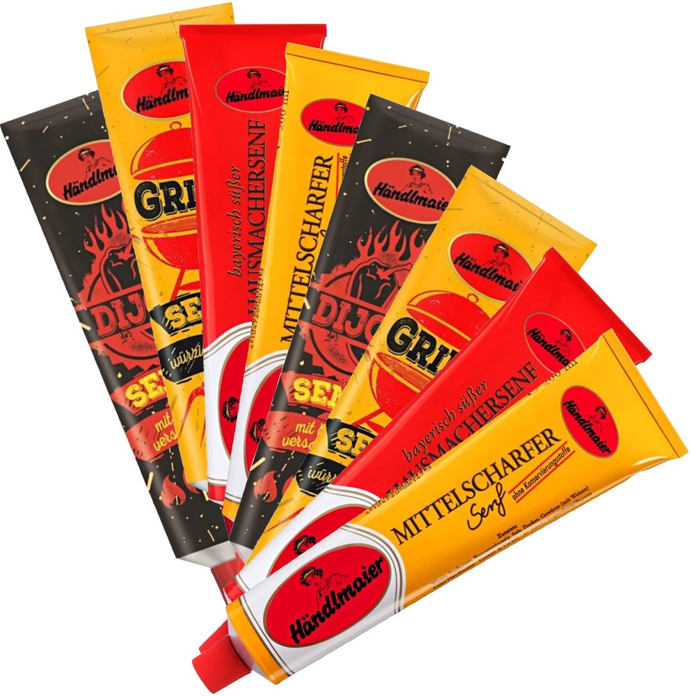 8 x 200 g German Mustard Variety - Hot Dijon - Grill - Bavarian Sweet home-made Mustard - German Medium Hot Mustard, Haendlmaier / Germany