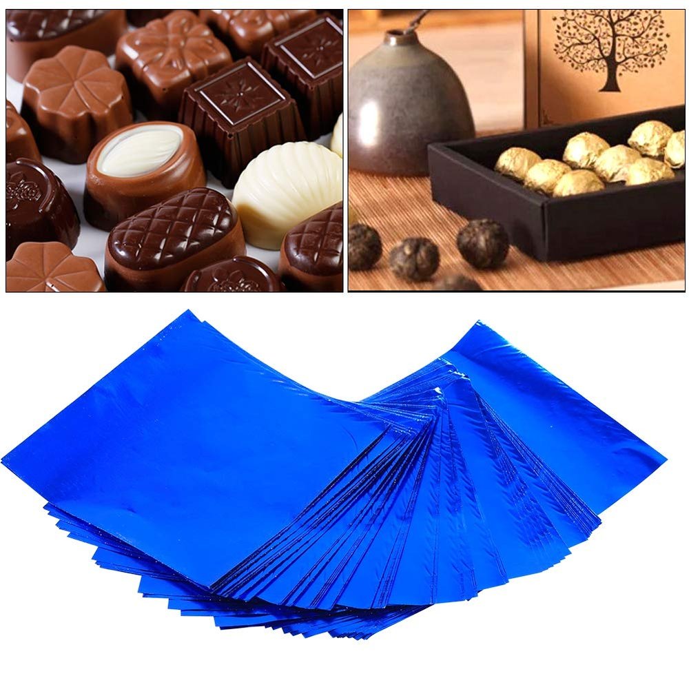 100Pcs/Lot Embossed Package Chocolate Tin Foil Wapping Paper Color Aluminum Foil Paper Pastry Baking Tin Foil(Blue)