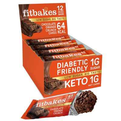 Fit Bakes 65 Calories Mini Chocolate Orange Bars (12x19g) Diabetic Chocolate Keto Snack, 1 Net Carb Low Sugar Crunch Cake Diabetic Sweet Biscuits, Low Calorie Snack, No Added Sugar, Fitbakes
