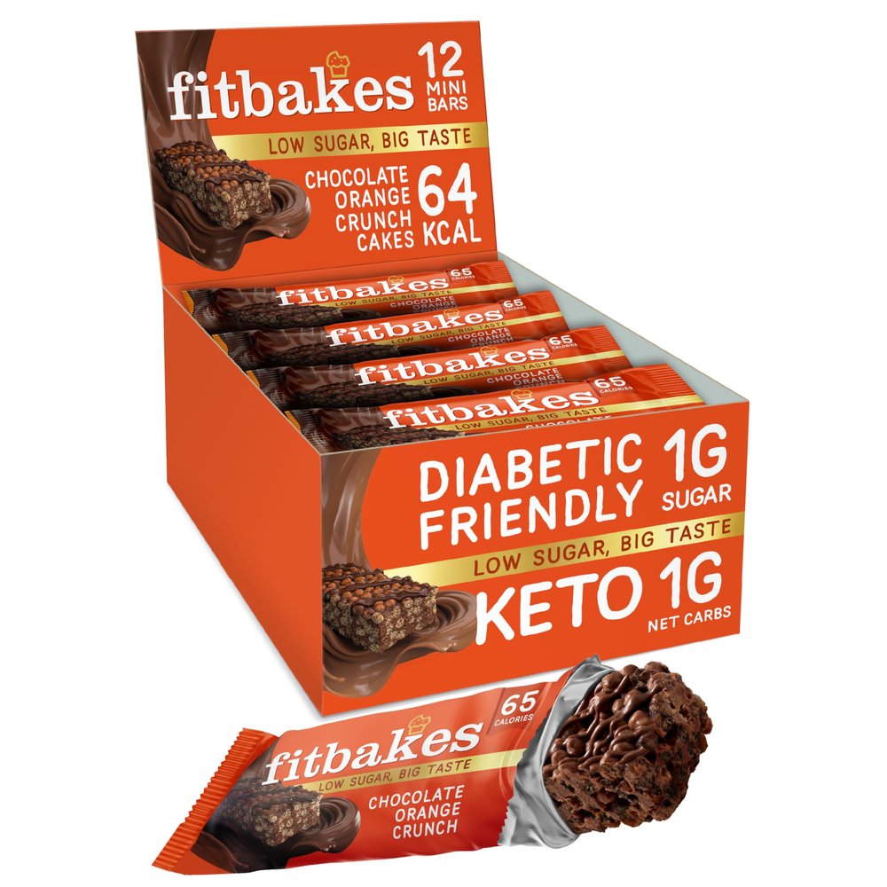 Fit Bakes 65 Calories Mini Chocolate Orange Bars (12x19g) Diabetic Chocolate Keto Snack, 1 Net Carb Low Sugar Crunch Cake Diabetic Sweet Biscuits, Low Calorie Snack, No Added Sugar, Fitbakes