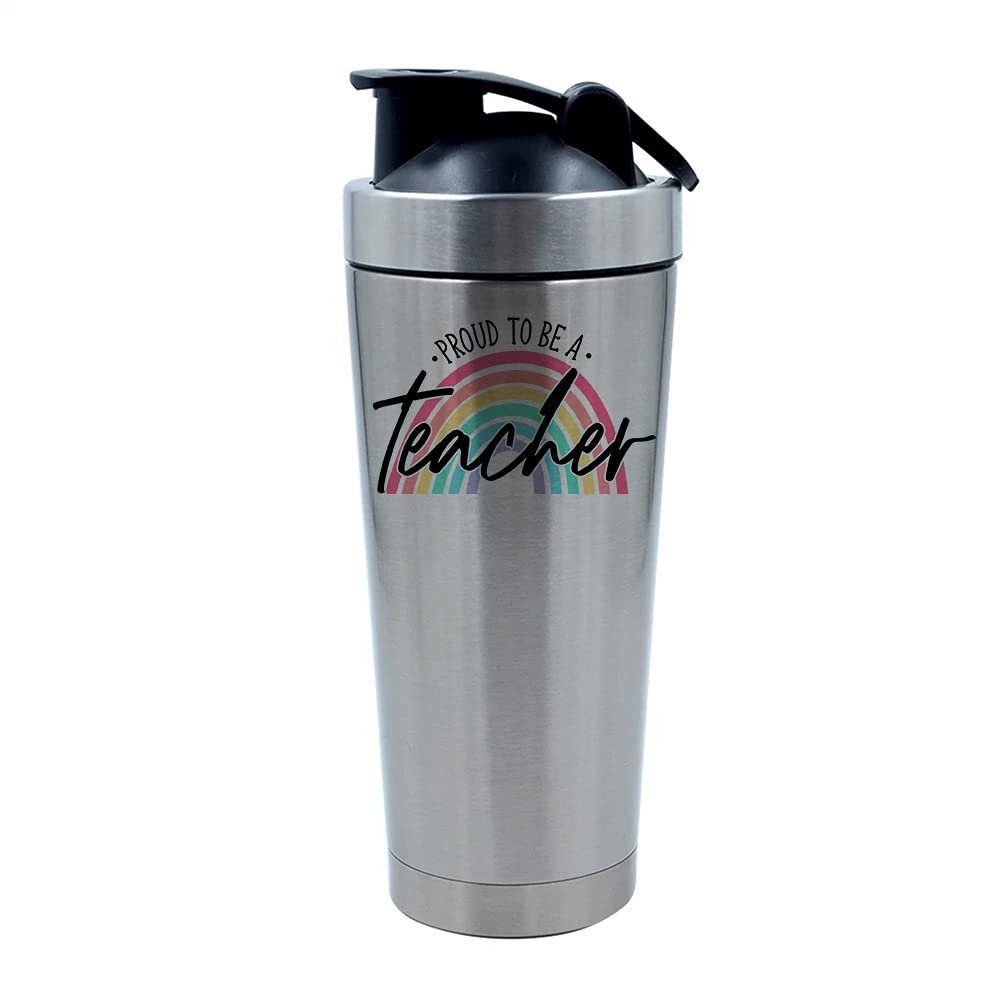 Proud To Be a Teacher Rainbow gift For Yourself, Friend, Coworker, End of Term, Kindergarten Teacher, Appreciation Gift, 500ml Aluminum Shaker Bottle. (Silver)