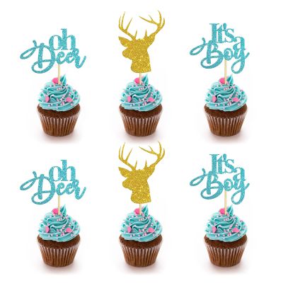 24 PCS Blue Glitter Oh Deer It's A Boy Cupcake Toppers for Gender Reveal Party / Buck or Doe Sign Baby Shower Party Decor / Baby Birthday Party Decorations / Boy Birthday Party Supplies