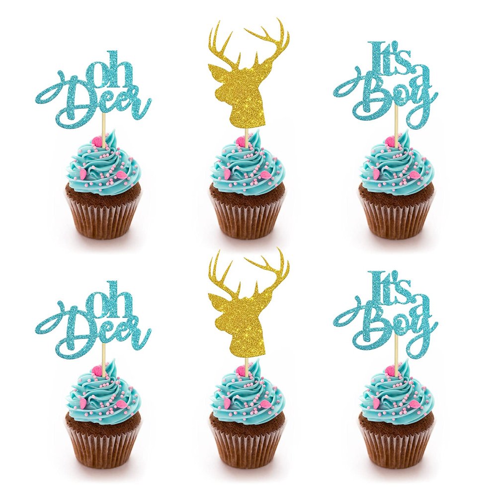 24 PCS Blue Glitter Oh Deer It's A Boy Cupcake Toppers for Gender Reveal Party / Buck or Doe Sign Baby Shower Party Decor / Baby Birthday Party Decorations / Boy Birthday Party Supplies