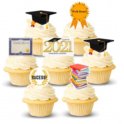 12x Graduation University College Graduate Edible Thick Wafer Card Standing Cupcake Toppers Birthday Party Cake Decorations Easy to cut