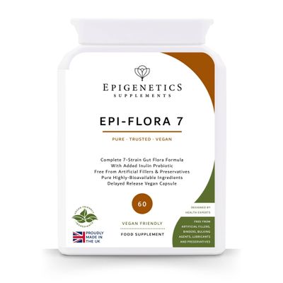 Epi-Flora 7 | 7 Strain Immunity Supporting Formula + Inulin Prebiotic Chicory Root for Gut Health | UK Made Active 7 Billion CFU | 60 Delayed Release Vegan Capsules 2 Month Supply