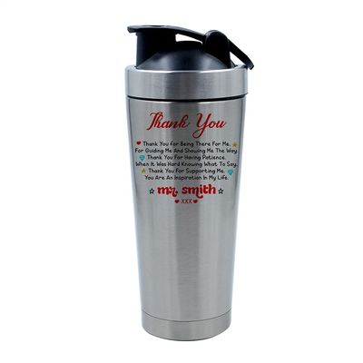 Getagift Personalised ANY NAME Thank You for Being There for Me, Gifts for Teachers Day, Teacher Appreciation, Nursery Teacher, End of Term, 500ml Aluminum Shaker Bottle. (Silver)