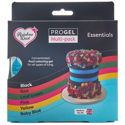 Rainbow Dust ProGel Concentrated Food Colour, 6 Tube Multipack, Essentials Colouring Gel For Baking and Cake Decorating, Black, Red, Leaf Green, Yellow, Pink, Baby Blue