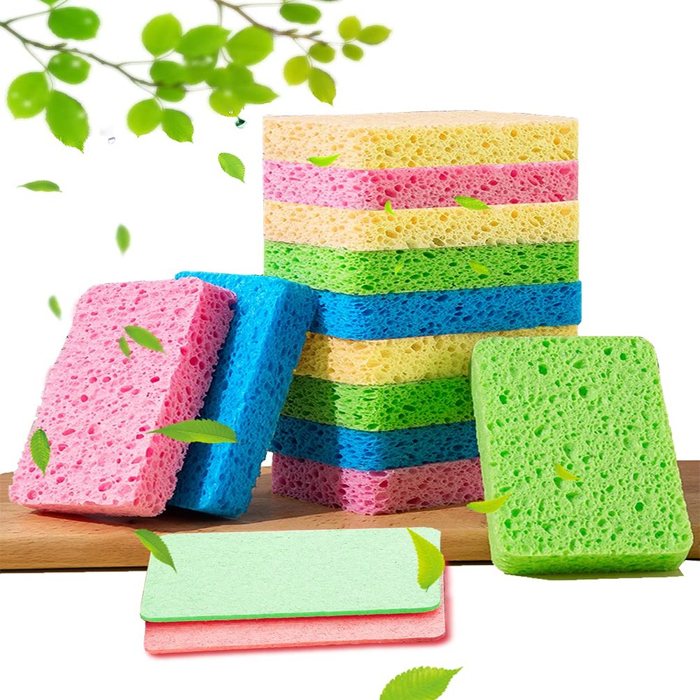 12-Count Kitchen Sponges- Compressed Cellulose Cleaning Sponges Non-Scratch Natural Sponge for Kitchen Bathroom Cars, Funny Cut-Outs DIY (Multi-rectangle)