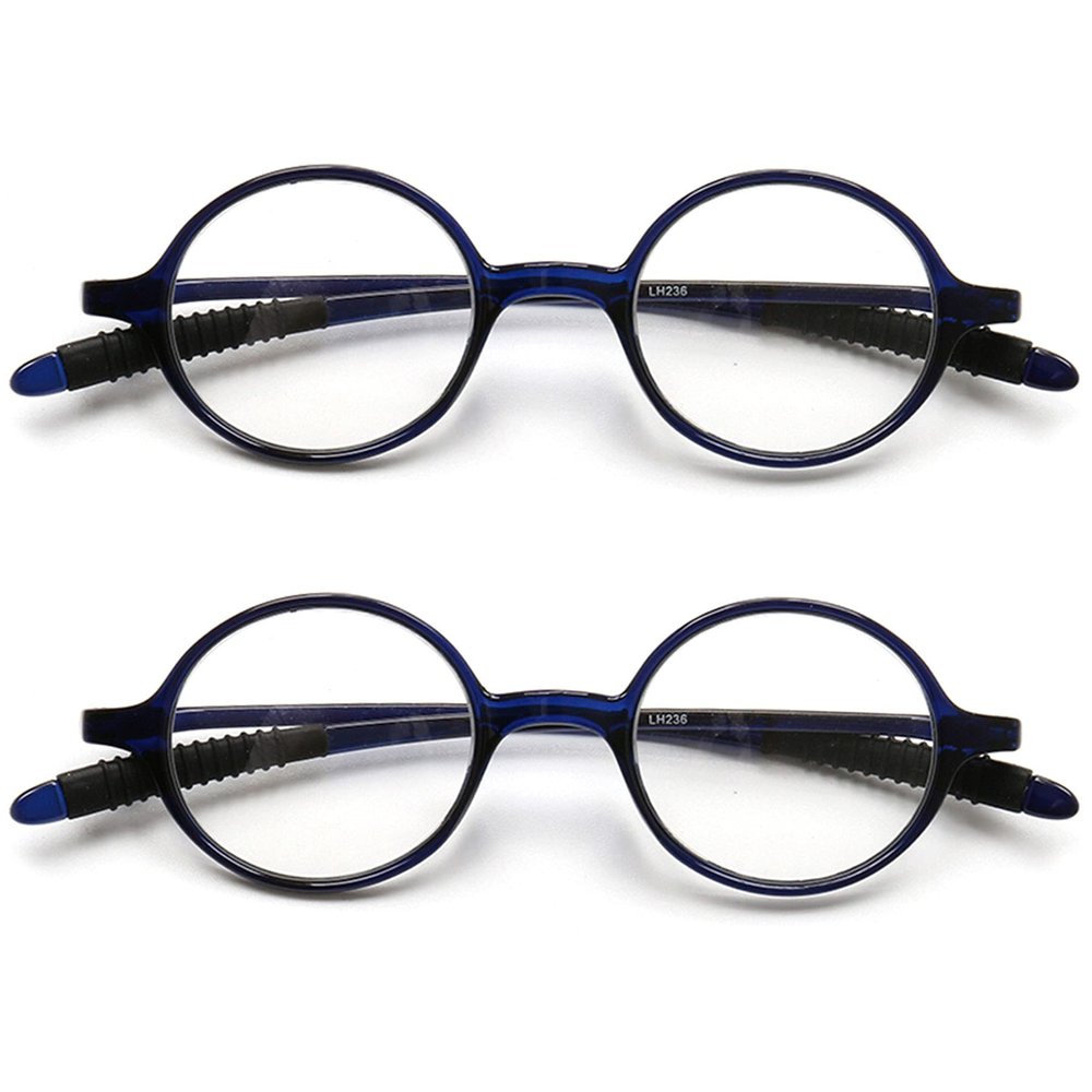 2 Pack Reading Glasses 4.0 3.75 3.5 3.25 3 2.75 2.5 2.25 2.0 1.75 1.5 1.25 Women Small Circle Frame Clear Lens Flexible Vintage Round Eyeglasses Reader Glasses For Men (2 Pack (Blue+Blue), 3.00)