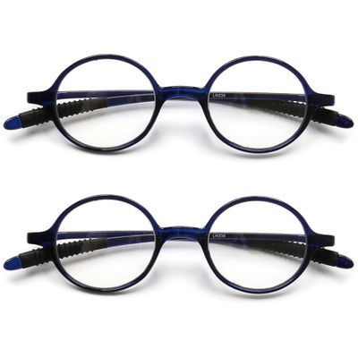 2 Pack Reading Glasses 4.0 3.75 3.5 3.25 3 2.75 2.5 2.25 2.0 1.75 1.5 1.25 Women Small Circle Frame Clear Lens Flexible Vintage Round Eyeglasses Reader Glasses For Men (2 Pack (Blue+Blue), 4.00)