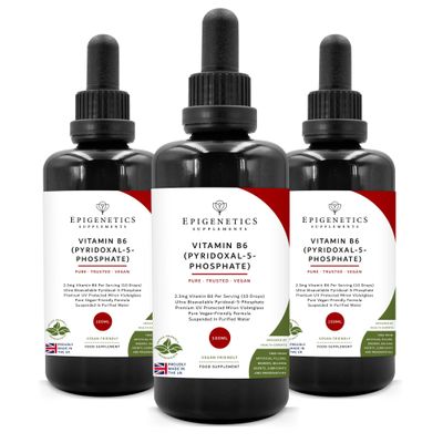 Vitamin B6 (P5P) Vitamins 300ml | 3X 100ml Bottle Pack| P5P Supplement Liquid Drops | 4 Months Supply, 133 Serving Per Bottle. High Strength Pyridoxal 5 Phosphate 2300mcg | UK Made & Vegan