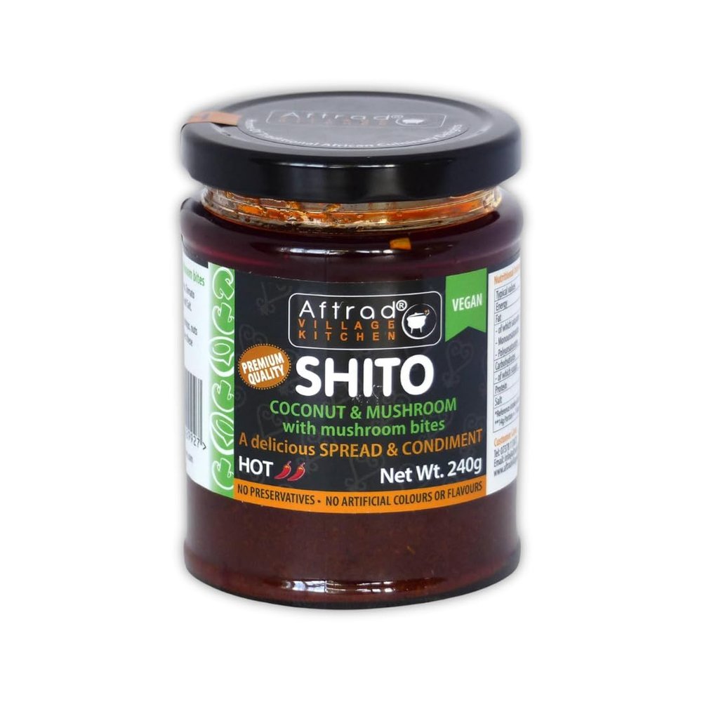 Aftrad Village Kitchen Vegan Shito - Ghanaian Chilli Sauce with Coconut & Mushroom Bites - Authentic Spicy Condiment for Dips, Spreads & Sauces - Traditional West African Flavour | (Hot, 240g)