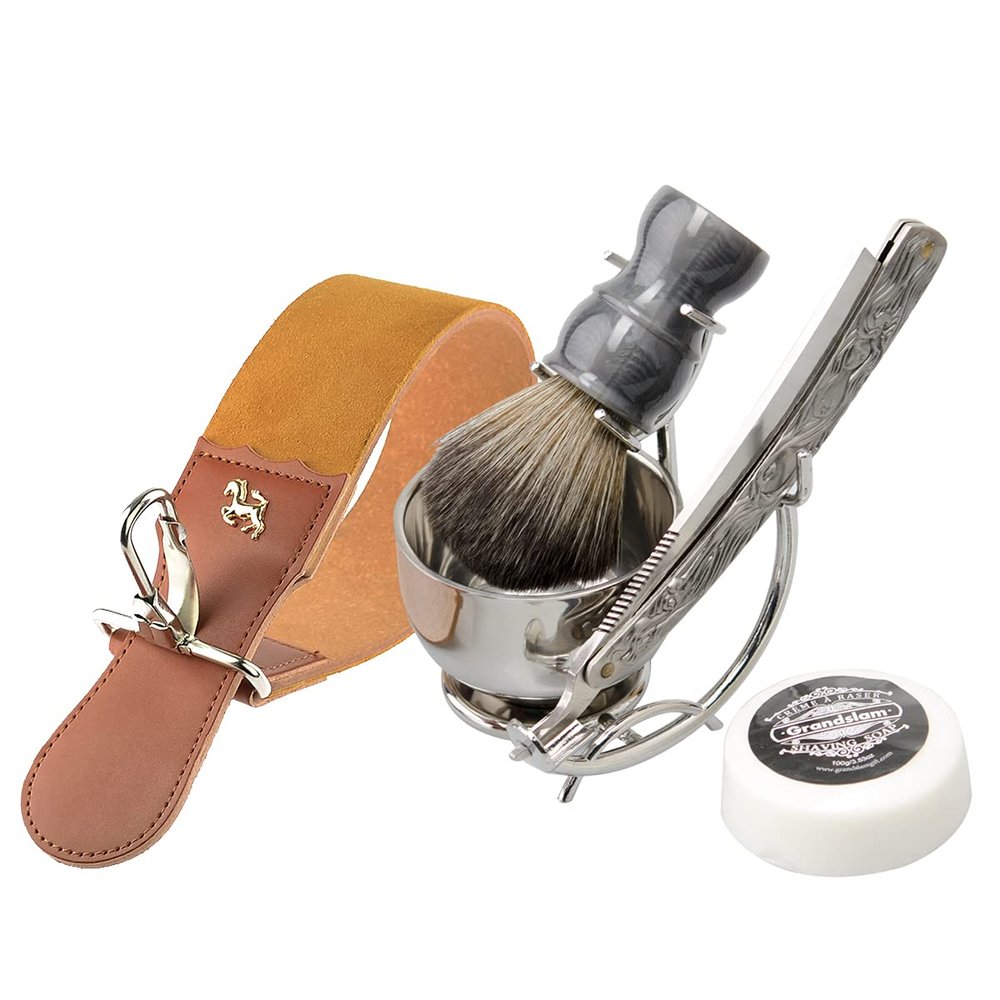 Grandslam Shaving Straight Razor Kit, Steel Cutthroat Straight Razor With Leather Strop, Shave Brush, Stainless Steel Shaving Bowl and Stand, Gift for Men